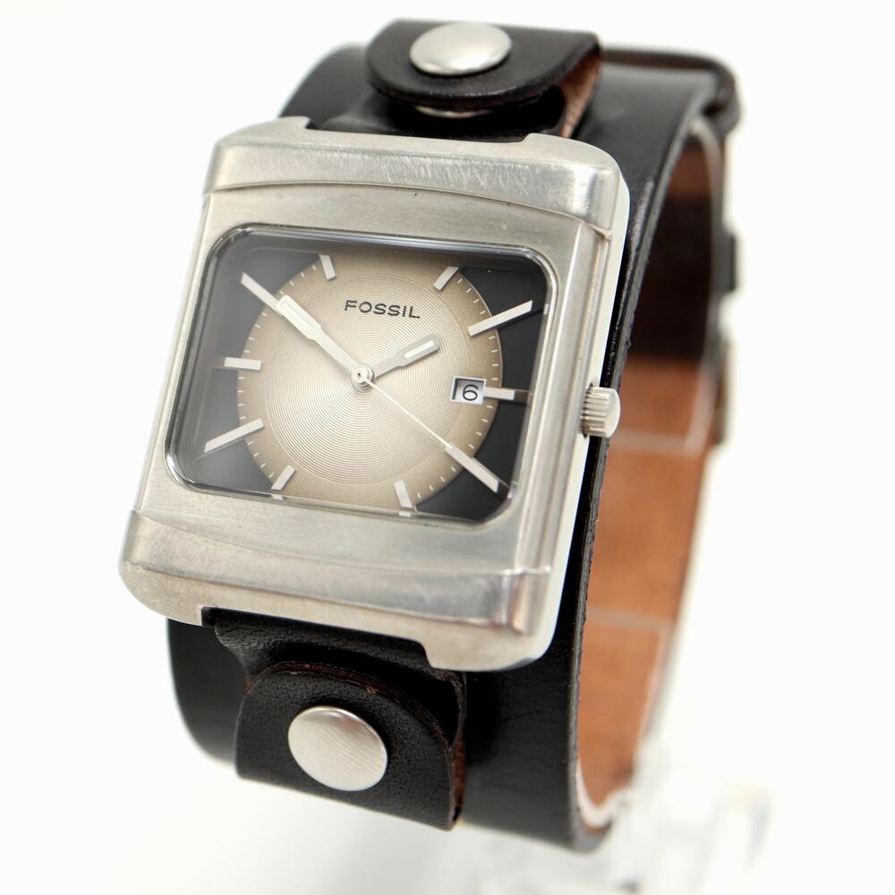 Vintage Fossil Mens 38mm Square TV Dial Watch Wide Black Leather w New Battery